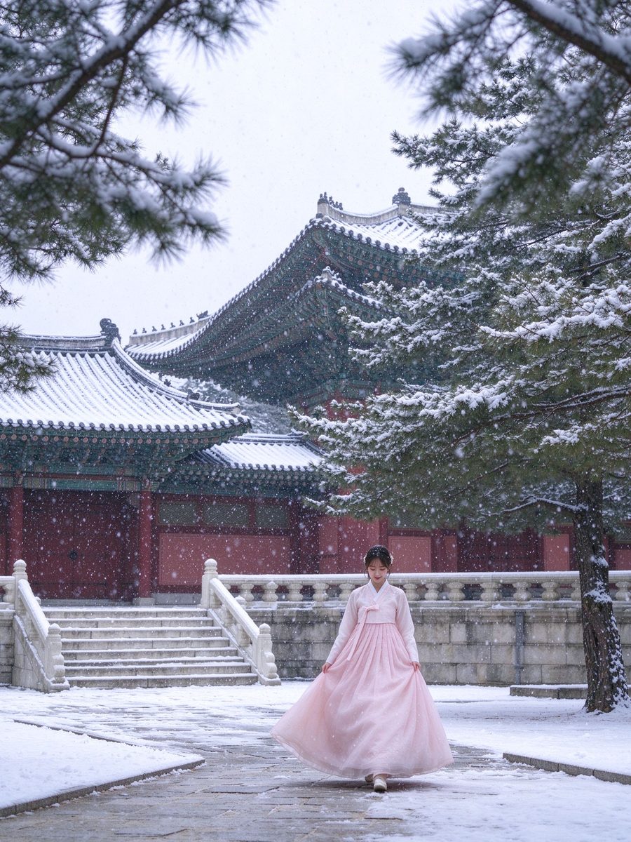 雪中景福宫与穿韩服的少女