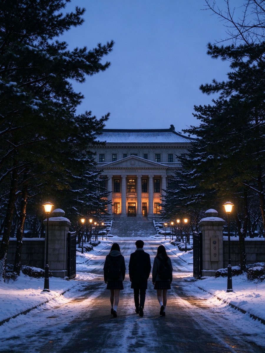 积雪校园大道上的学生背影